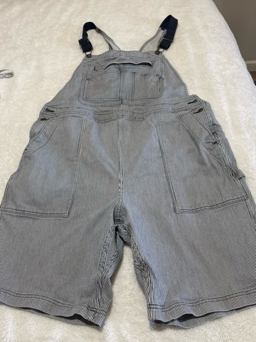 Duluth Trading Co. Black & White Pinstripe Short Overalls.
